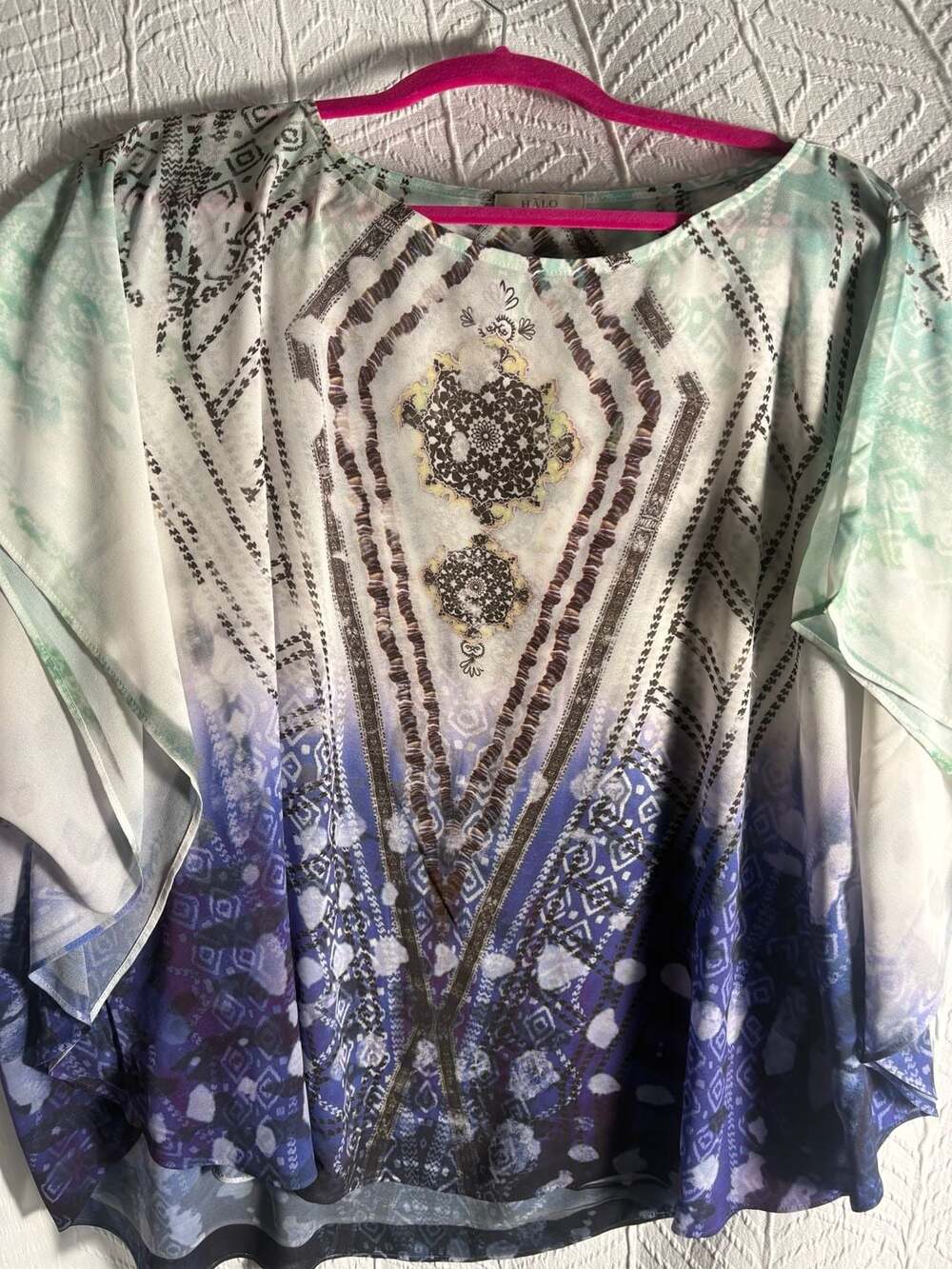 Halo Women's 1X Plus Size Short Kaftan Blouse Top Blue Green Abstract Pattern